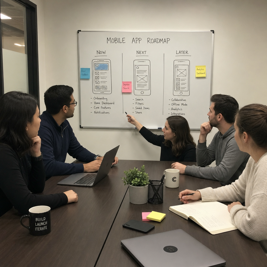 Product team reviewing a mobile app roadmap on a conference table