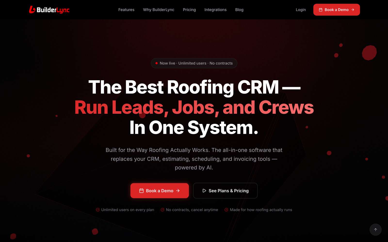 BuilderLync's public site at launch: one system to run leads, jobs and crews. Image: builderlync.com