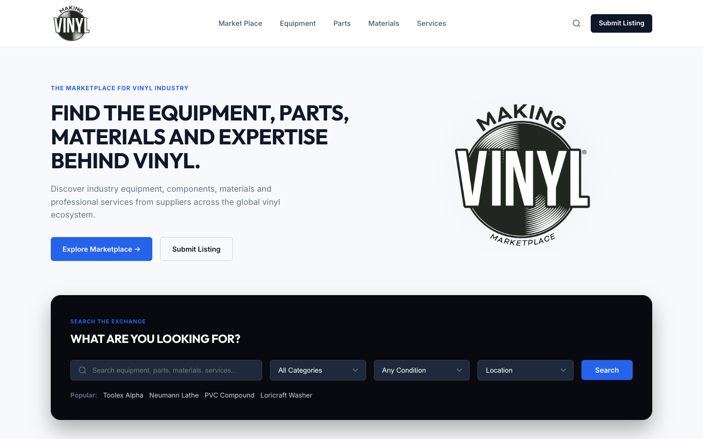 The Making Vinyl Marketplace home page, with search by category, condition and location.