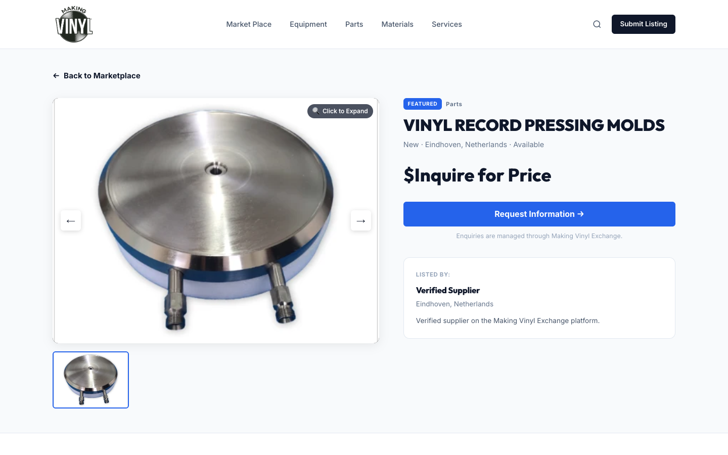 A listing page with a verified supplier and a request-for-information flow.