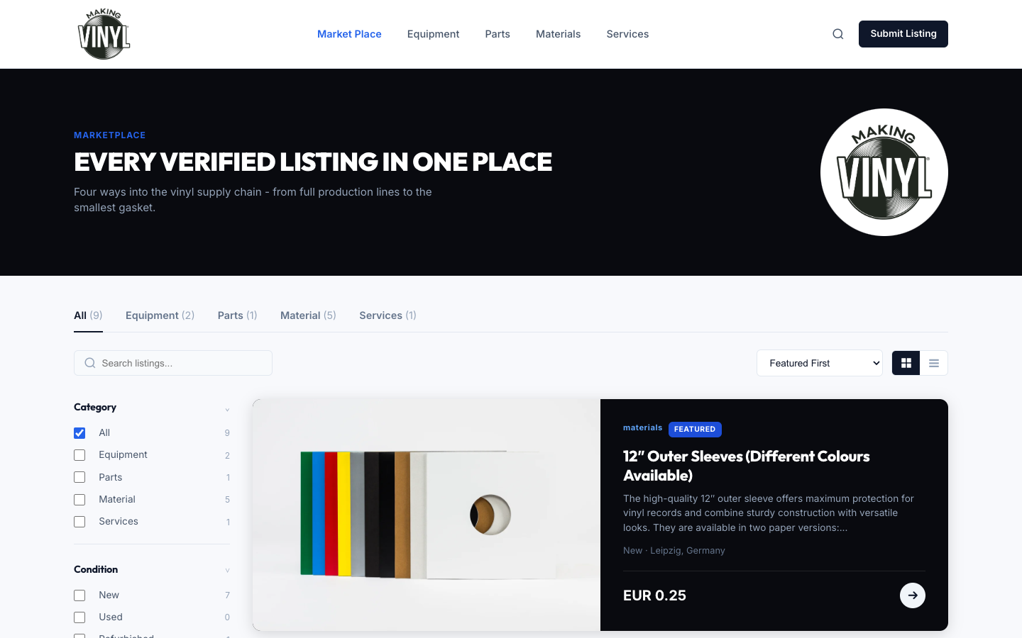 Every verified listing in one place, filtered by category and condition.